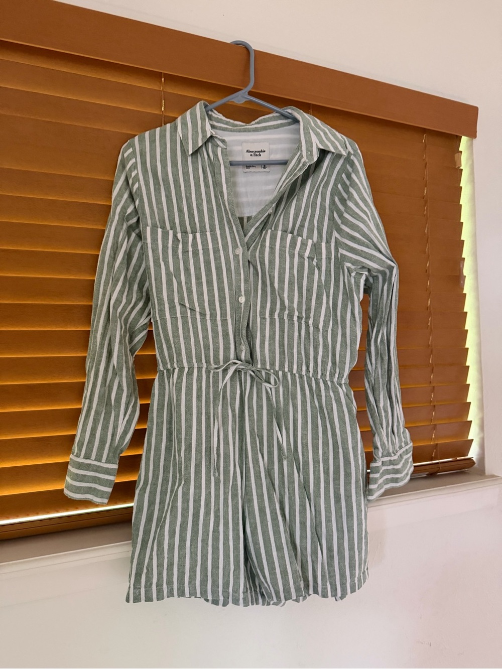 Abercrombie Striped Button-Front Romper in Sage and White